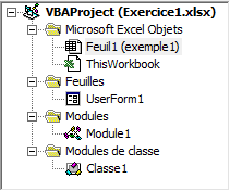 visualisation des 4 types de modules VBA dans le projet