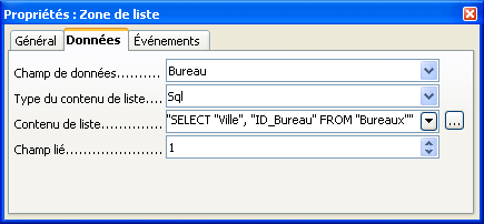 propriétés zone de liste
