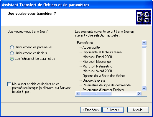 Assistant transfert de fichier et paramètres 4